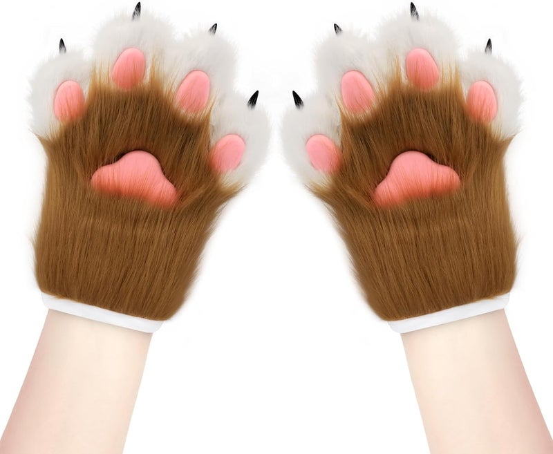 hbbhml Faux Fur Plush Furry Cat Claw Gloves Fursuit Animal Fox Paws Mittens Halloween Cosplay Costume Accessories for Adult - Image 2